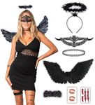 7 pcs Black Angel Costume - Halloween Costumes For Women - Adult & Teen One Size Fits All Accessories Set - 2023 Trending Fancy Dress - UK Based Brand