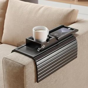 Home Sparkle Premium Couch Armrest Tray Black 2-in-1 | Engineered Wood | Foldable Anti-Slip Serving Tray for Coffee, Snacks & TV Time | Sofa Arm Organizer with Cup Holder & Phone Stand