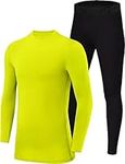 PowerLayer Skins for Boys Kids Base Layer Thermal Long Sleeve Top & Tights Football Compression Set - Lime Punch Top + Black Tights, 12-14 Years