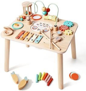 QOMDAFC Montessori Toys for 1 Year Old, Wooden Activity Table for Toddlers 1-3, 13-in-1 Sensory Play Table with Bead Maze, Fishing Game, Shape Sorter & Xylophone, Learning Toy, First Birthday Gift