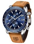 BENYAR Men's Watch Quartz Sports Chronograph Fashion Business Luxury Brand Waterproof Watch Analog Date Men's Brown Leather Watch for Men ((Brown Silver Blue)