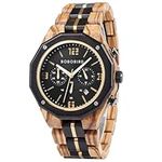 BOBO BIRD Men's Wooden Watch Sport Fashion Wristwatch Casual Chronograph Quartz Watches Men's Wood Stainless Steel Strap Watch with Date Display (Green) (Black)