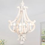 Wooden Farmhouse Chandelier 4 Lights Rustic Antique White Chandelier for Dining Room French Country Chandelier Orb Pendant light Fixtures Hanging for Kitchen Living Room Foyer Bedroom Entryway Hallway