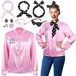 AOTHSO 1950s Pink Satin Jacket with Headband Scarves Earrings Glasses for Women 8 Pieces Halloween Adults Cosplay Costume Set