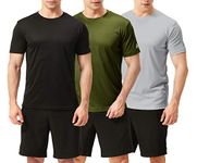 TEX2FIT Men's 3 Pack Active Sport Quick Dry Mens T-Shirts (3 pcs Set) (Black/Dark Green/Silver, S)