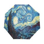 ALAZA Starry Night Style Print Oil Painting Folding Umbrella Rain Sun Compact Automatic Umbrella Sunblock Windproof for Women Men Girls Boys