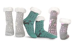 WOJWSKI 3 Pairs Womens Slipper Socks Warm Indoor Winter Fleece lined Non Skid floor Socks （GrayGreenPink）