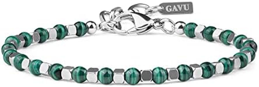 GAVU Bracelet Homme Pierres Naturelles Malachite Boules Carrées Acier Inoxydable