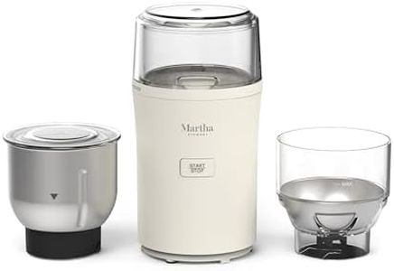Martha Stewart Electric Coffee & Spice Grinder, Dual 2.5oz Removable Bowls, Storage Lids, Stainless Steel Blades, One Touch Pulse Control, 2-in-1 Compact, Beans & Spices, Herbs & Nuts, Linen White