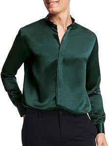 LilySilk 100% Silk Mens Classic Shirt Long Sleeves Shirt with Stand-up Collar, Hidden Buttons & Concealed Placket Formal Casual All Seasons Fir Green S