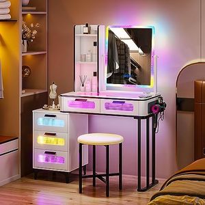 Lvifur RGB Schminktisch Mit Kabellosem Laden und USB Anschluss,Schminktische mit Siebenfarbig dimmbar,Schlafzimmer Schminktisch mit Gepolsterter Hocker,5 Schublade