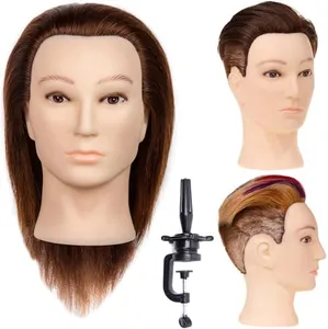 Stancia Mannequin Head, Male Mannequin Head with 100% Human Hair, 14" Barber Hairdresser Training Doll Manikin Head for Hair Styling and Practice (Dark Brown)