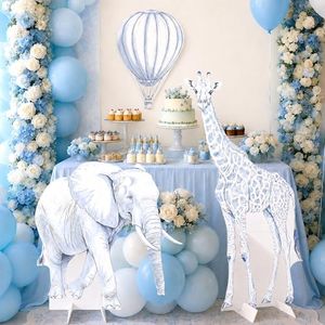APUDWN 3Pcs Blue Toile de Jouy Safari Baby Shower Decorations, Large Elephant Giraffe Hot Air Balloon Cardboard Cutouts, Corrugated Plastic Jungle Animal Standees for Boy Gender Reveal Nursery Decor
