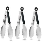 Anaeat 3 Pack 7" Mini Stainless Steel Cooking Tongs - Sturdy Coiled Spring Locking Kitchen Food Tong with Non-Slip Silicone Grip for Serving, Cooking, Baking - Heat Resistant up to 480°F (Black)