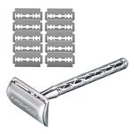 KINGHOOD Long Handle Safety Razor with 10 Stainless Steel Blades,Double Edge Razors for Men or Women, Eco Friendly Razor for Body & Face (Silver)