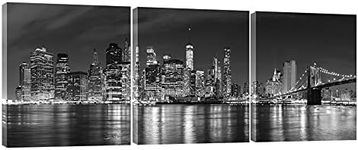 Pyradecor New York City Skyline Night Modern 3 panel Stretched and Framed Black and White Cityscape Giclee Canvas Prints Pictures Paintings on Wall Art for Living Room Bedroom Home Decorations