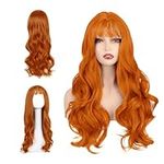 XNIVUIS Orange Wigs With Bangs for Women, Orange Long Wavy Curly Wigs for Women Girls, Cosplay Wig, Synthetic Wigs, Full Hair Middle Parting Wig for Daily Wear Cosplay Halloween (Orange)