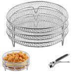 AKOLAFE 3Pack Round Air Fryer Rack for Ninja, Stainless Steel Air Fryer Accessories 3 Layer Stackable Airfryer Rack Set Including a Clip Dehydrator Rack for 5.5L to 8L Air Fryer