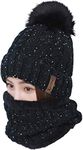 LCZTN Womens Pom Beanie Scarf Set Girls Winter Ski Hat Slouchy Knit Cap with Fleece Lined (Black)