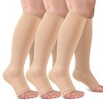 3 Pack Open Toe Compression Socks for Women and Men, Toeless Knee High Stockings for Circulation Support, Nude Small-Medium