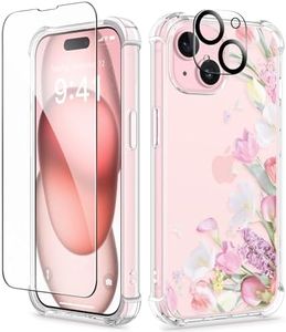 GVIEWIN 3 in 1 Designed for iPhone 15 Plus Case 6.7 Inch, with Screen Protector + Camera Protector Clear Flower [Not-Yellowing] Shockproof Women Slim Phone Cover, 2023 (Stunning/Pink)