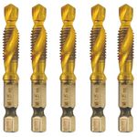 Rennie Tools - Pack Of 5 - M8 x 1.25 Combination Drill and Tap Bit, 1/4" Hex Shank. Metric Coarse Titanium Coated HSS Spiral Flute Drilling Tapping Tool. 8mm x 1.25mm Pitch Drill Bit.