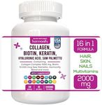 HARMONIFY Collagen Biotin Keratin Saw Palmetto Hyaluronic Acid Complex Supplement with Vitamin E, Folic Acid, Pumpkin Seed and MSM, Hair Skin & Nails Multivitamins, 16 in 1 Capsules, 1000 mg