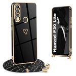 Ptny Mobile Phone Case Compatible with Huawei P30 Lite Case with Strap for Hanging, Mobile Phone Case Love Heart Pattern Electroplating TPU Silicone Bumper Thin Case for Huawei P30 Lite, Black