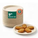 ECO SOUL | Disposable Bagasse Plates | 9 inch - Pack of 50 | Party Plates Big Size for Snacking & Everyday Use | Sturdy, Microwave Safe, Leak-Resistant | Sugarcane Bagasse