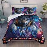 AILONEN Wolf Dream Catcher Comforter Set Twin Size,Galaxy Starry Wolf Bedding Set for Boys Men,Wolf Head Pattern Bed in a Bag Duvet Set 3 Pieces,1 Quilt and 2 Pillowcases