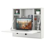 Tangkula Wall Mounted Desk, Multi-Function Floating Desk Wall Mount Laptop Desk, Space Saving Wall Mounted Table Wall Desk with Storage Drawer and Shelves (White)