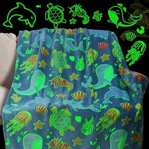 Glow in The Dark Throw Blanket Dolphin Marine Life Luminous Blankets and Throws Blue Colorful Plush Blankets Soft Glowing Throw Gift for Kids Girls Boys Teens Age 1-15 Years Old