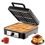 VEVOR Waffle Maker, 4 Slices per Batch, 1200W Square Waffle Iron, Non-Stick Waffle Baker Machine with 122-572℉ / 50-300℃ Temperature Range Teflon-Coated Baking Pans Stainless Steel Body, 120V