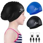 Vanocat 2 Pack Kids Swimming Cap Short/Long Hair, Unisex Silicone Swimming Hat for Age 3-15 Children Toddler Teen, Waterproof Shower Swim Cap for Girls Boys with Ear Plugs & Nose Clip（Black+Blue）