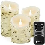 Softflame Flickering Flameless LED Candles with Remote Control, 3D Flame Battery Operated Candles in Real Wax for Indoor Use and Home décor, Set of 3: 3"x4", 3"x5", 3"x6" Birch Bark Effect