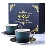 LEKOCH Tea Cups and Saucers Sets with Gift Box, Fine Dining Porcelain Coffee Cups 2 Sets (Green)