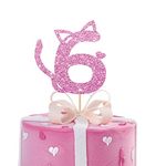 Cat Six Cake Topper, Number 6 Cake Topper for Baby Girl, Kitty Happy 6th Birthday Party Supplies, Pet Cat Six Years Old Party Decoration - Pink Glitter