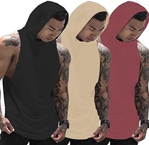 Muscle Killer 3 Pack Men's Workout Hooded Tank Tops Bodybuilding Muscle Cut Off T Shirt Sleeveless Gym Hoodies (Black+Apricot+Dark Purple, Large)