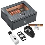 XIFEI Cigar Humidor, Glass Top carbon fiber texture top inlay Hygrometer,including Cigar humidifier, acrylic Cigar stand,Cigar ashtray and Humidor Solution, Holds 25-60 Cigars (9IN*7.5*3.8)