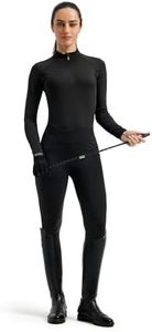 FitsT4 Sports Womens Equestrian Outfits, 2 Piece Long Sleeve Horse Riding Shirt & Knee-Patch Silicone Riding Breeches Set Black 2XL