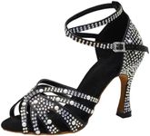 BREXLI Women’s Rhinestone Salsa Latin Dance Shoes Pearl Ballroom Satin Dance Shoe Bachata Practice Dancing Shoes Black US7