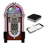 Retro Jukebox Sound System 1950s Vintage Stereo Entertainment Centre 7 Colour Changing LED Lights Remote Floor Standing Portable Wheels FM Radio Bluetooth Aux MP3 USB & 40 Slot CD Case Holder Storage