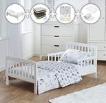 ELEGANT BABY Complete Deluxe 7 Piece Kids White Toddler Bed Bundle with Spring Mattress and Safari Friends Reversible Bedding Set | Junior Bed and Children's Bed