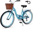 RegalRider 26 inch Beach Cruiser Bike for Women, 7 Speed Commuter Bicycle with Basket & Rear Rack, Low-Step Through Frame, Adjustable Seat and Handlebar, Adult City Cruiser (Green/Blue)