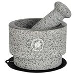 Granite Mortar and Pestle Set - 5.5 Inch, 17 Oz - Unique Double Sided - Pestle and Mortar Bowl Solid Stone Grinder - Guacamole Mortar and Pestle Large - Included: Silicone Lid/Mat and Spoon