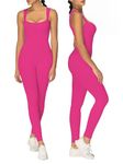 Sunzel Seamless Square Neck Jumpsuit for Women, Legging Fit with Stretch & Compression Rib Bodycon Casual Playsuit 25" Hot Pink Large