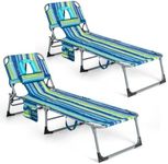 Goplus Tanning Chair, Folding Adjustable Patio Lounge Chair with Face Hole, Removable Pillow, 330LBS, Carry Strap, Outdoor Sunbathing Chair, Lightweight Portable Beach Lounge Chair (2, Blue Stripe)