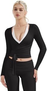 SUUKSESS Women Pilates Wrap Workout Cropped Top Ribbed Long Sleeve V Neck Tie Front Ballet Yoga Shrug Blouse(Black,S)