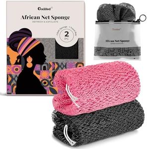 CORATED African Net Sponge Authentic, Shower Loofah Exfoliating Bath Sponge, Body Scrubber for Women and Men Daily Use Body Care, Travel Portable, Durable Bath Accessories for Bathroom (Black & Pink)