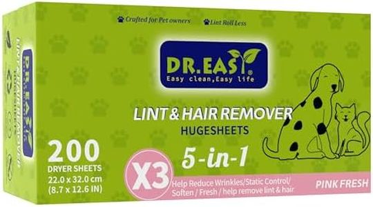 Dr.Easy LINT & HAIR REMOVER Pet HUGESHEETS with 3X Dryer Sheets, PINK FRESH, 200 Count,PLANT&MINERAL-BASED FORMULA